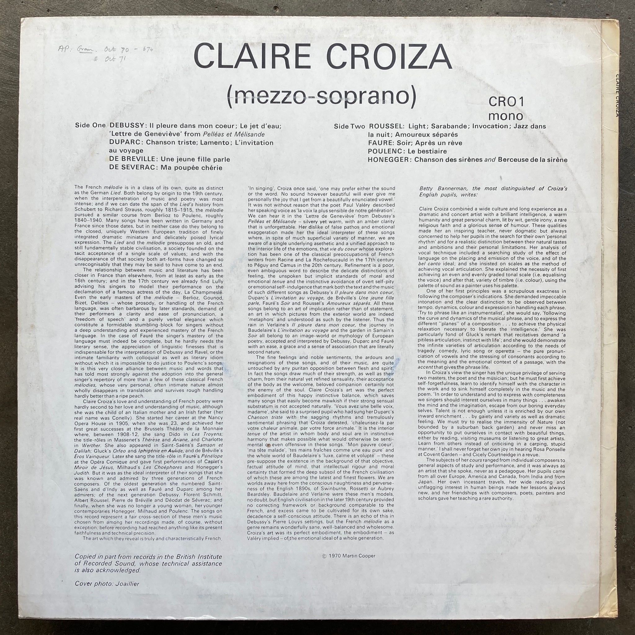 Claire Croiza – A Recital Of French Songs by Debussy – All Night Flight  Records